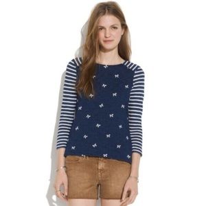Madewell Indigo Ink Bow and Stripe 3/4 Sleeve Top